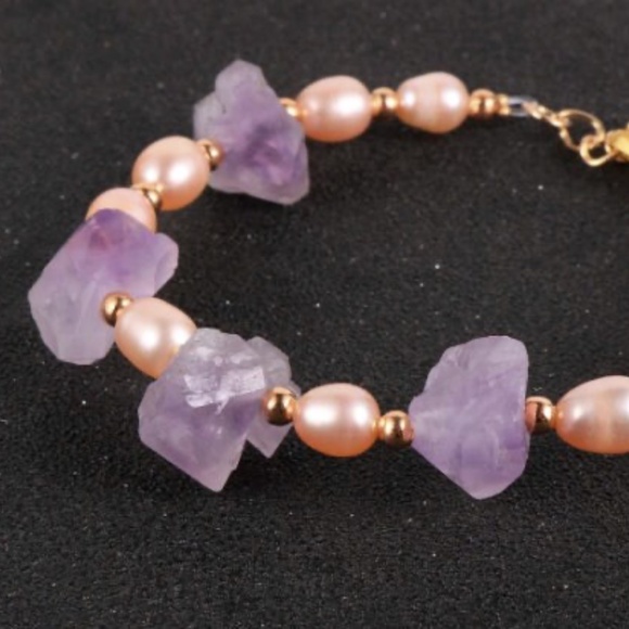 Amethyst & Pink Freshwater Pearl Bracelet – Gold-Plated Clasp – Natural Crystal - Picture 2 of 3